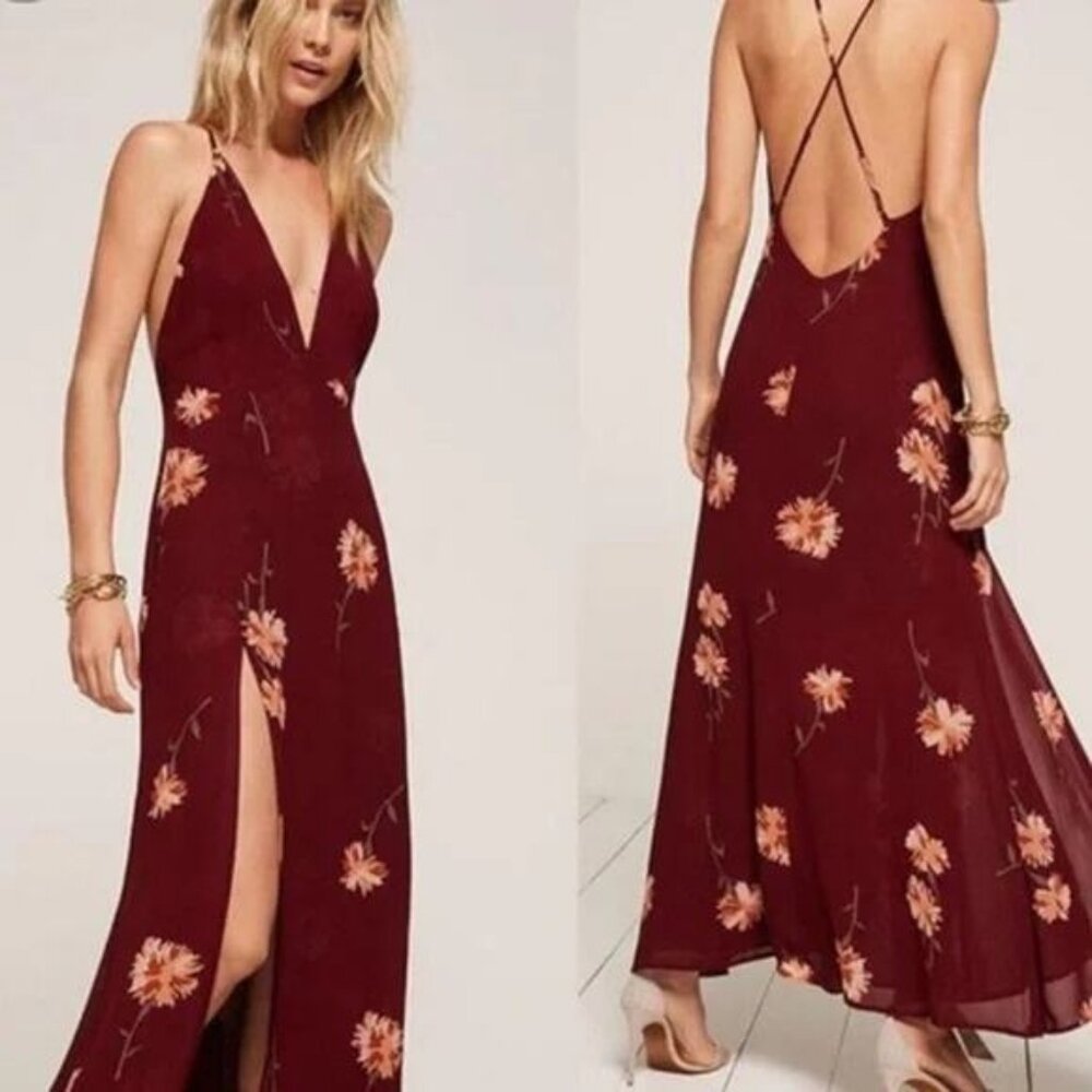 NWT Reformation Renee Auburn Floral Print High Slit Maxi Dress Burgundy Sz Small